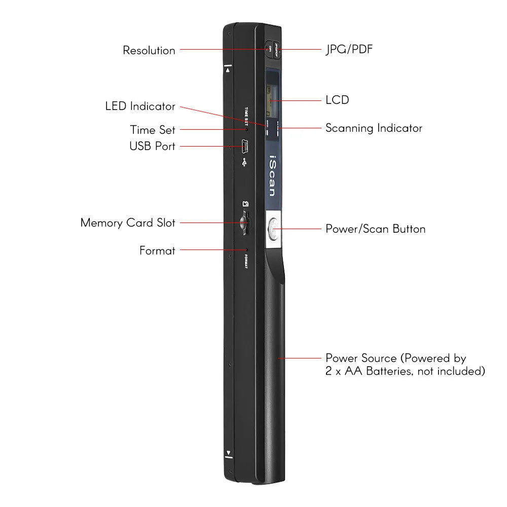 Handheld USB barcode scanner with a black plastic body and rubber grip, connected to a long grey cable.