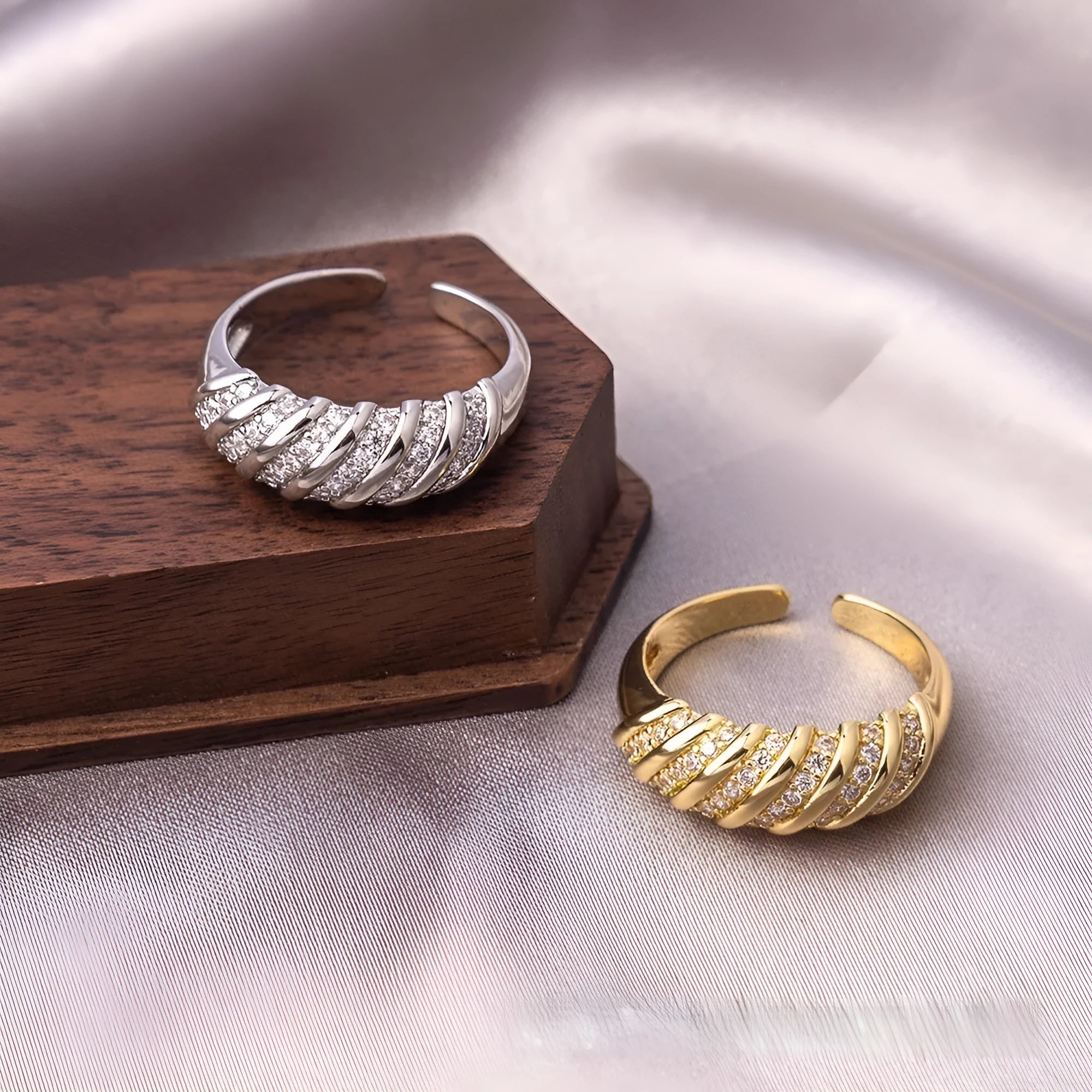 Open mouth adjustable copper ring with zircon ornament in electroplated gold colour