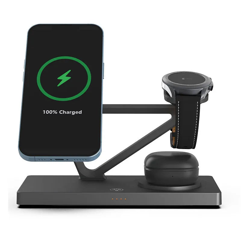 A compact white five-in-one wireless charging station with a magnetic phone bracket, watch charger, and night light.