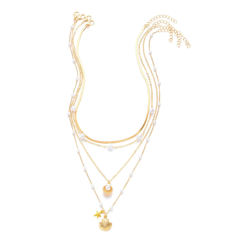Multi layer alloy necklace set with shell and starfish pendants, electroplated finish, Love heart colour, regular chain