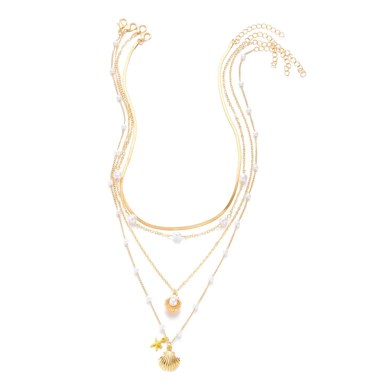 Multi layer alloy necklace set with shell and starfish pendants, electroplated finish, Love heart colour, regular chain