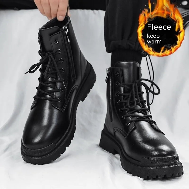Men's black mid-top waterproof leather boots with rubber soles on size label