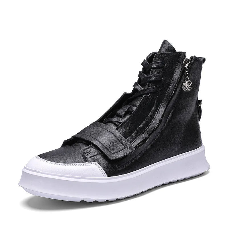 Black and white microfiber men's high-top ankle boots shown with a UK size chart.