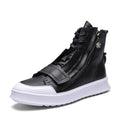 Black and white microfiber men's high-top ankle boots shown with a UK size chart.
