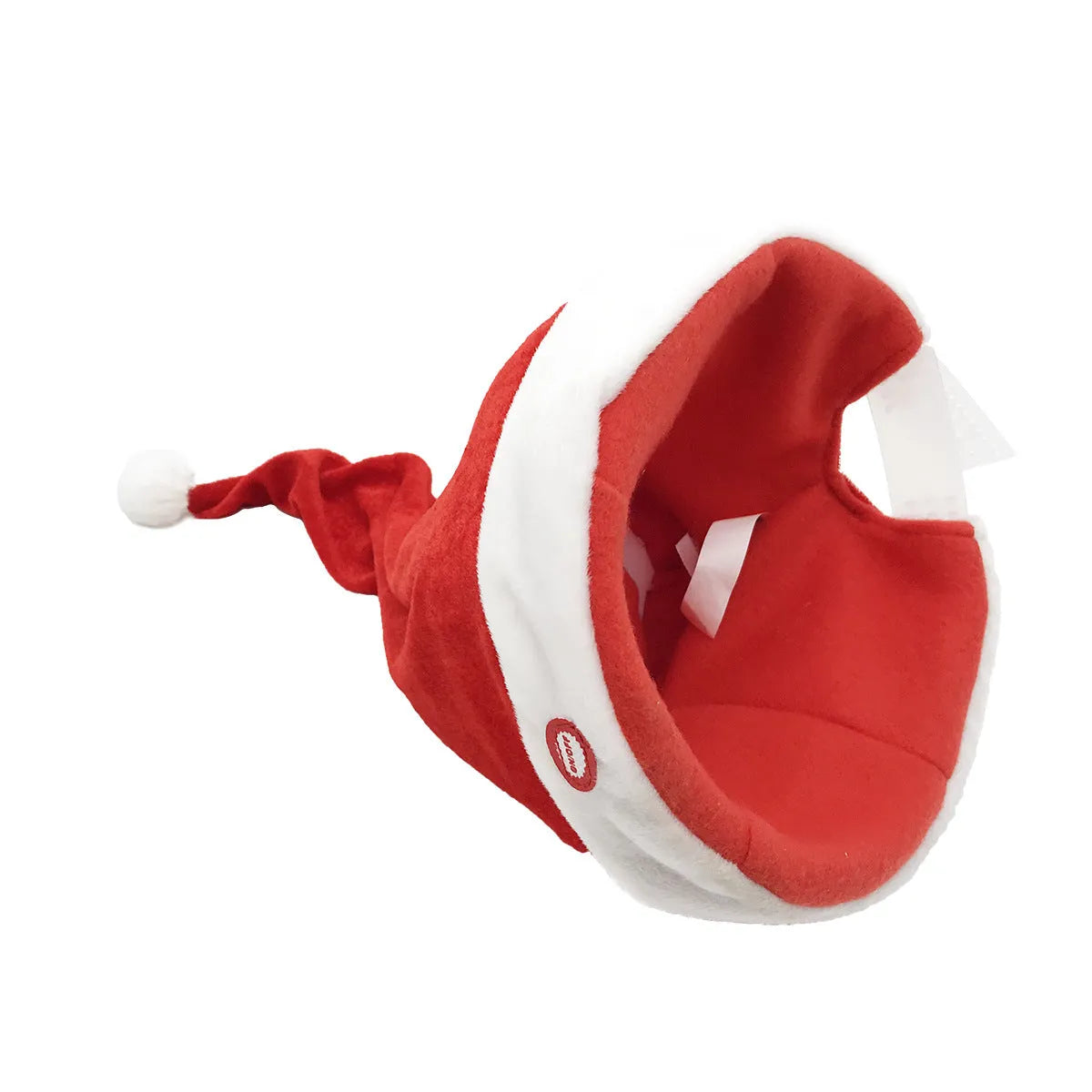 Red plush Christmas hat with battery-powered music and swing feature, available in long or short fluff