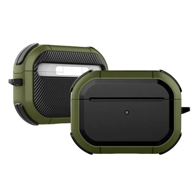 Black TPU and PC protective case for Apple AirPods Pro and AirPods 1/2 models on a white background.