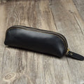 Handmade square leather pencil case with zipper closure measuring 18cm long in black cowhide