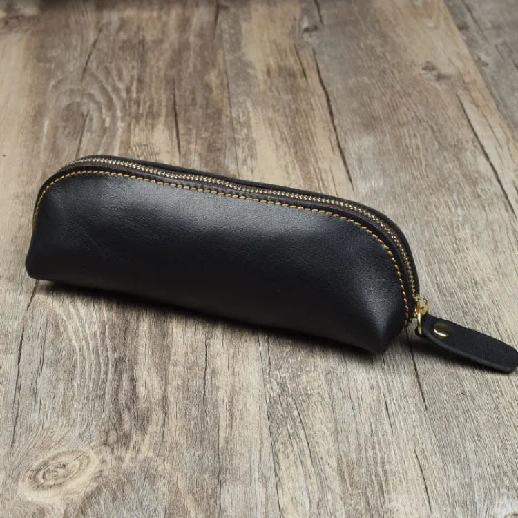 Handmade square leather pencil case with zipper closure measuring 18cm long in black cowhide