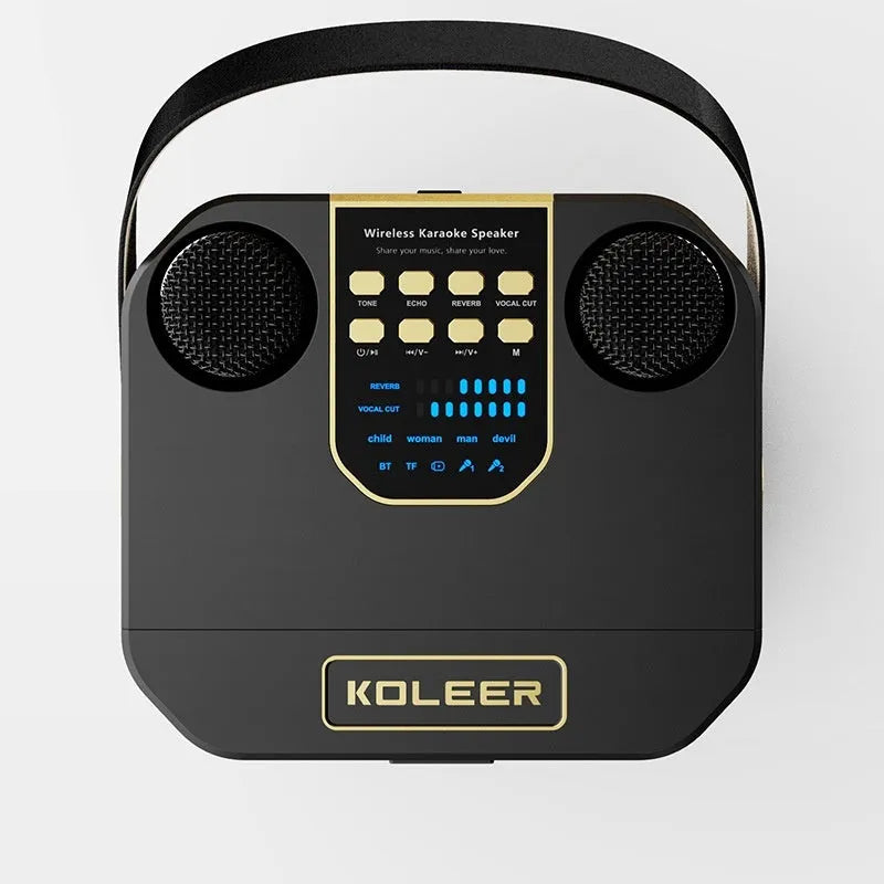 Dual stereo portable karaoke speaker in black or white with two microphones, 143 x 168 x 171 mm