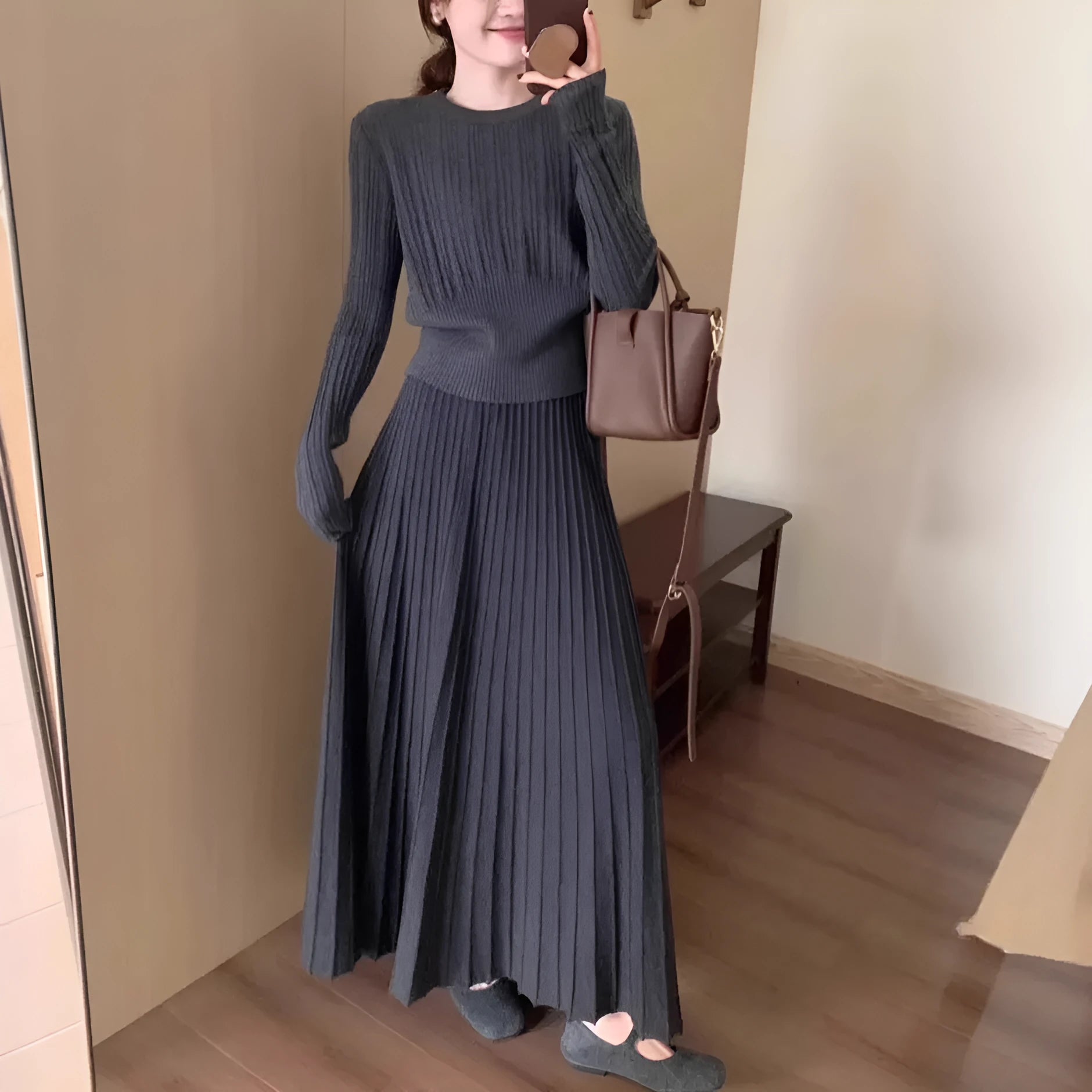 Dark grey artistic knitted dress suit with 3D pattern, collage stitching, sweater and skirt two-piece set.