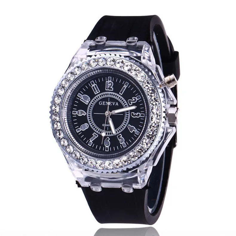 Geneva women’s LED luminous quartz watch with silicone strap, 43mm round alloy case, and pin buckle