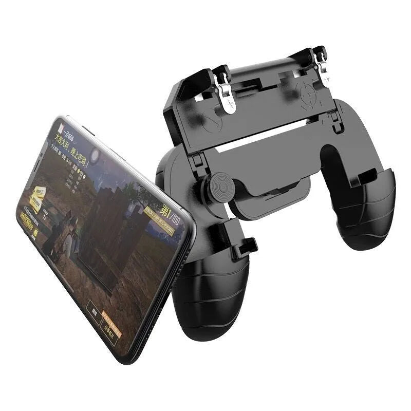 Multifunctional mobile game handle for smartphones in black, blue, and white colour options.