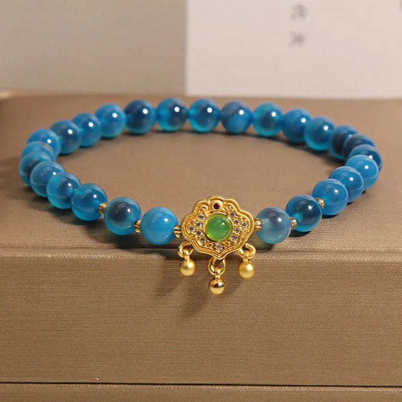 Blue sugar heart agate safety lock pendant women's bracelet with alloy inlay and rhinestones
