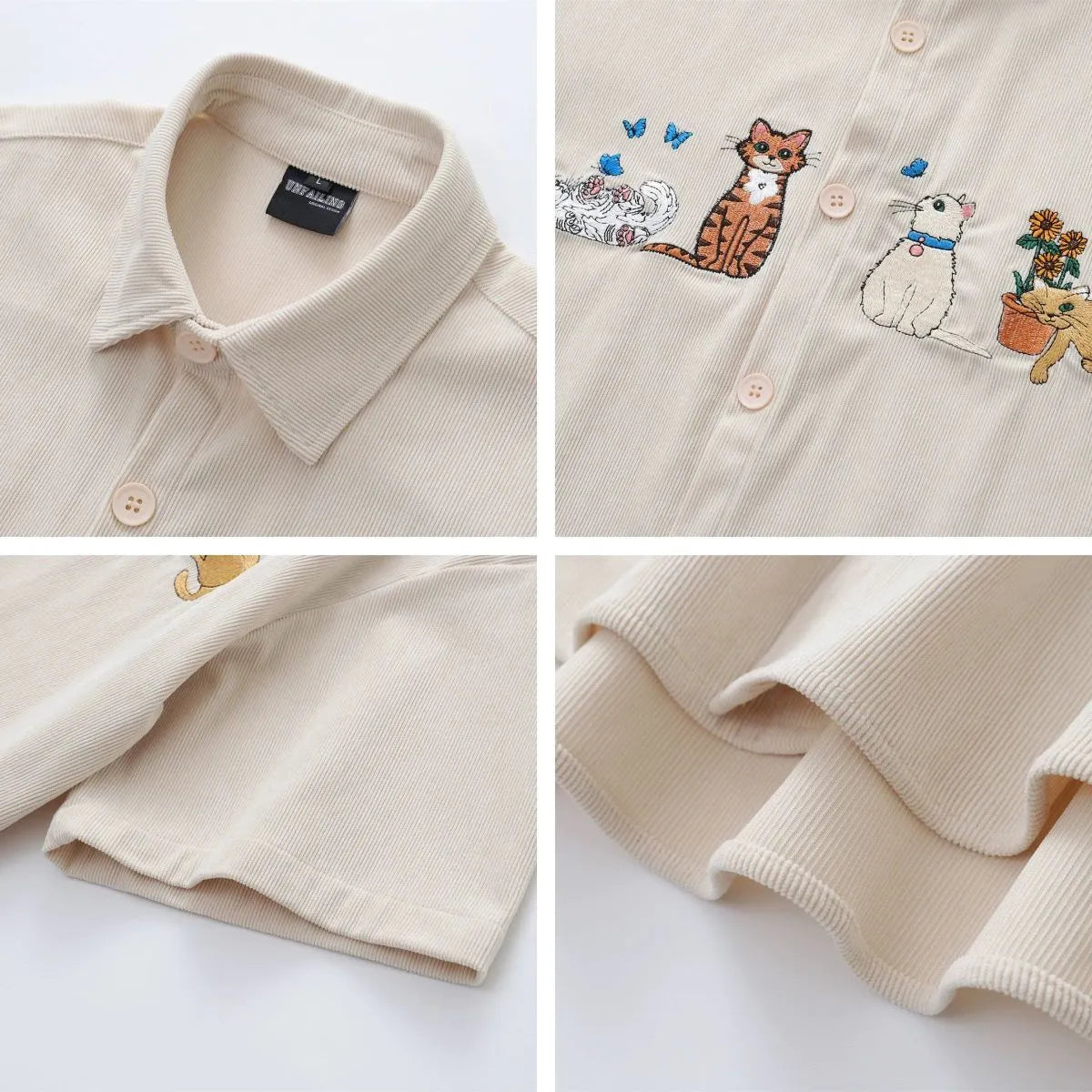 Loose fit cardigan shirt with cartoon embroidery in apricot colour, showing front design.