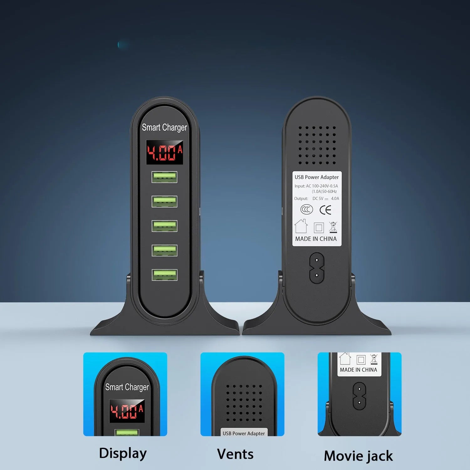 Black and white smart USB wall chargers with LED digital displays and UK plugs
