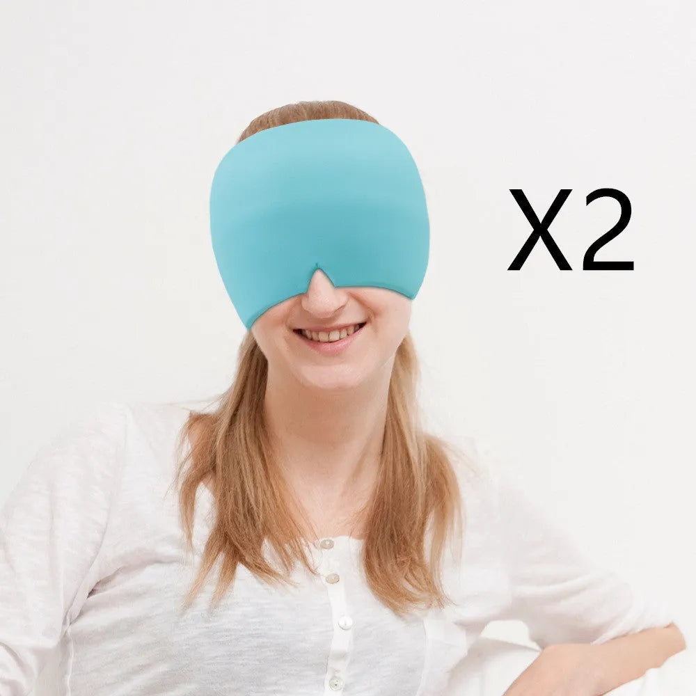 Black elastic cloth gel ice headache relief eye mask showing adjustable headband and cooling gel construction
