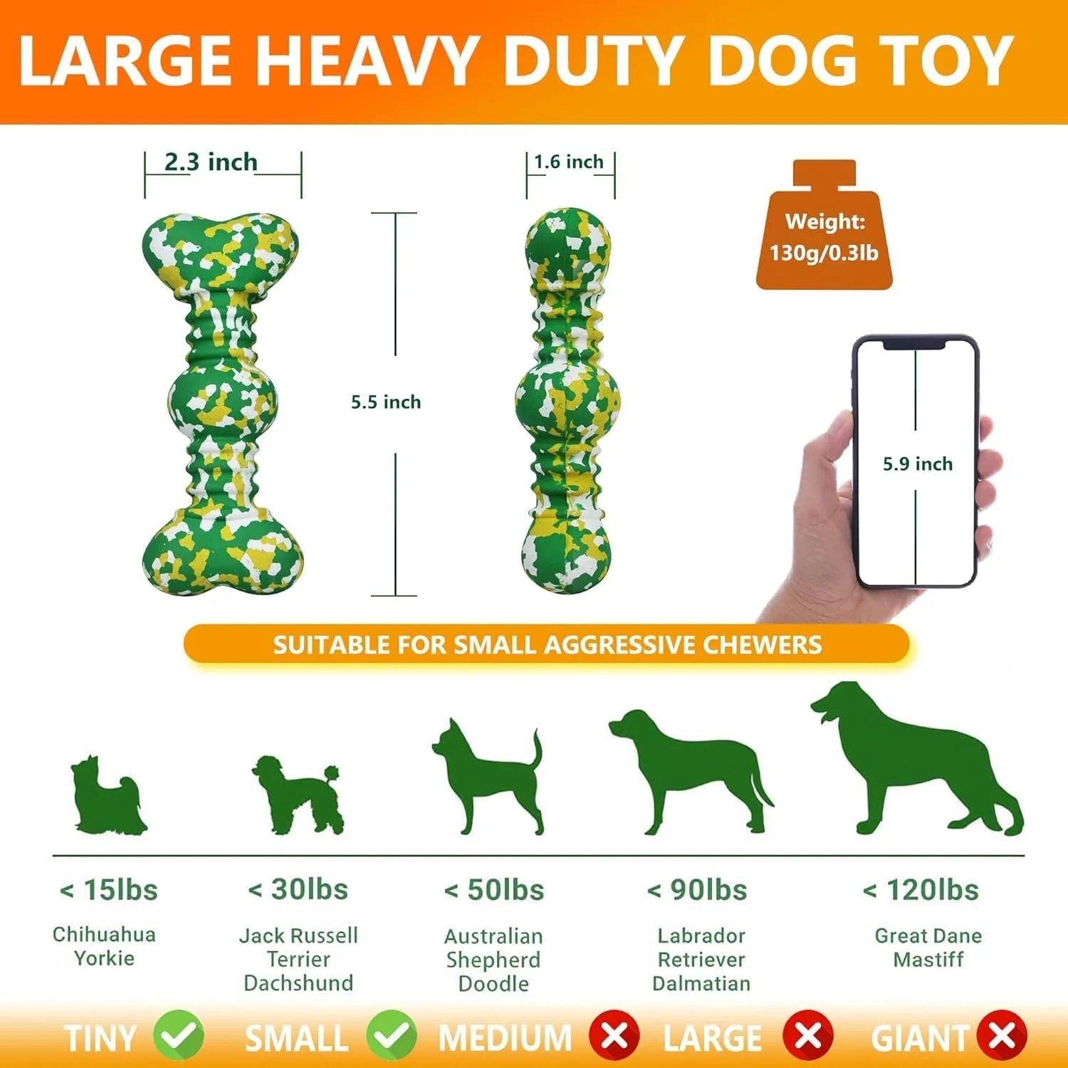 Organic natural rubber dog chew toy in camouflage colours for large breeds and aggressive chewers.