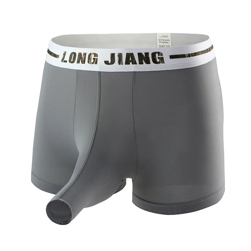Men's solid colour Ice Silk boxer shorts with a trunk open design and mid waist