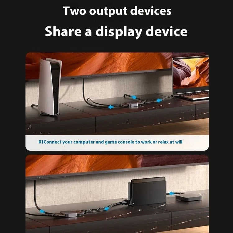 Grey alloy computer video cable adapter splitter box for HD TV connection.