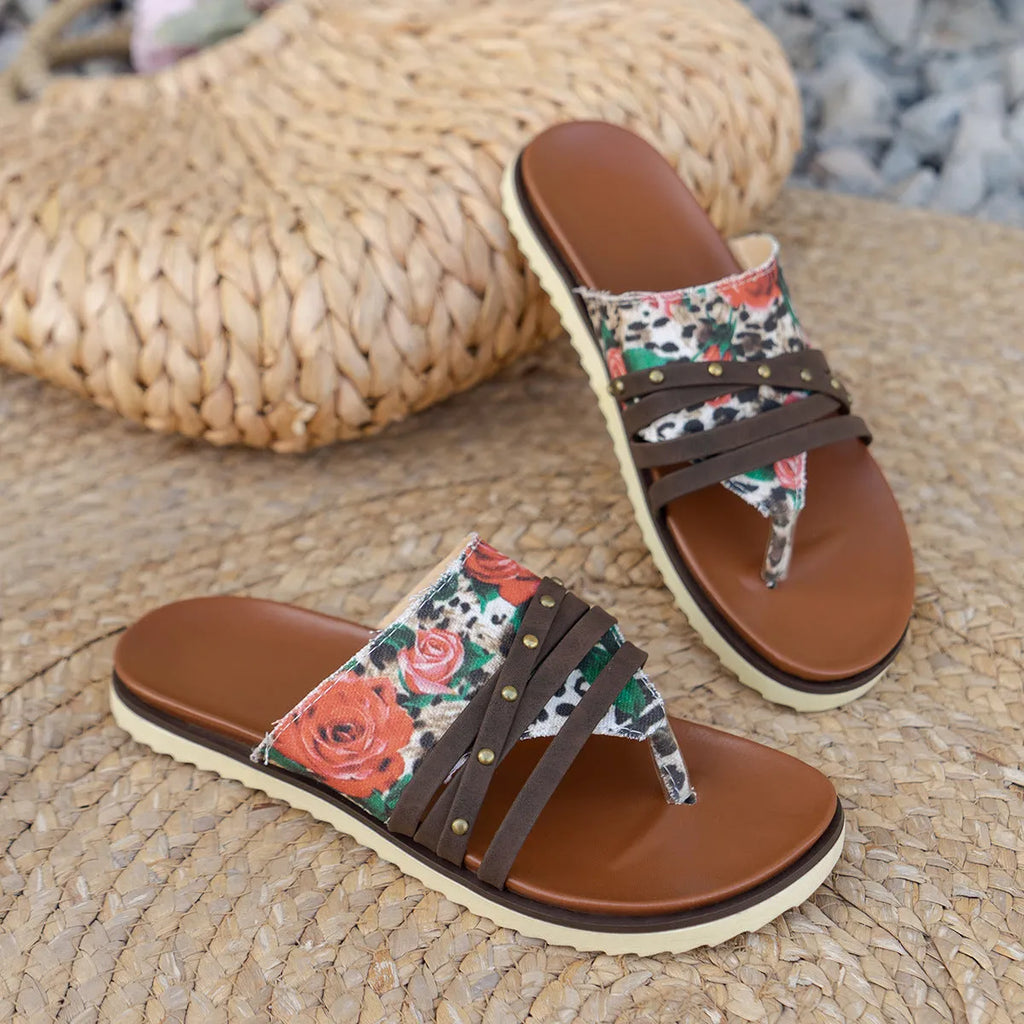 Plus size flip flops in candy colours red rose and black rose with artificial PU upper and rubber sole.