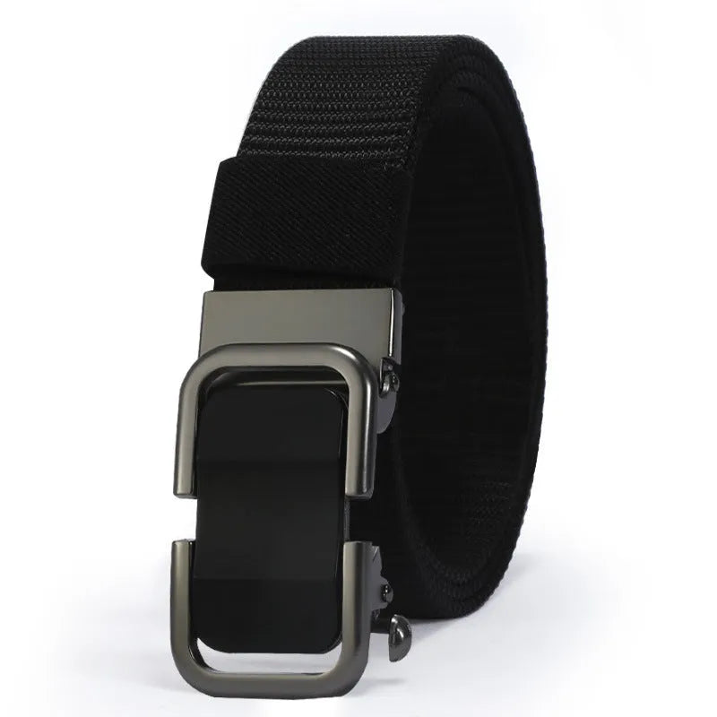 Men's toothless nylon canvas belt with alloy buckle showing adjustment mechanism