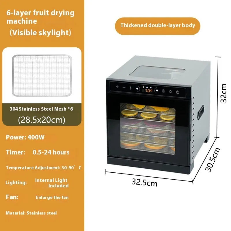 Stainless steel fruit dehydrator with multiple drying layers and LED control panel