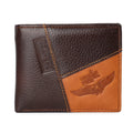 Men's brown cowhide leather wallet with contrast stitching, shown open to reveal card slots and a zippered coin compartment.
