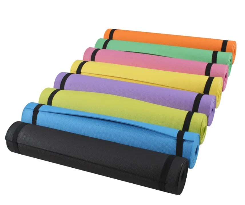 Red EVA fitness composite yoga mat with rolled edge showing 4mm thickness on a wooden floor.