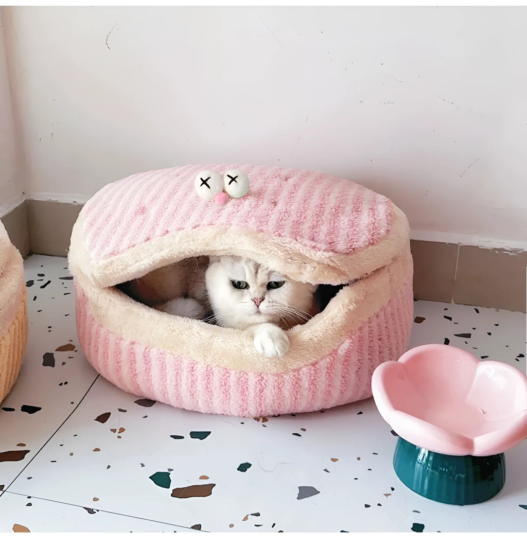 Causeway Braised Sandwich Cat Nest in pink, closed style with lid, 45cm diameter