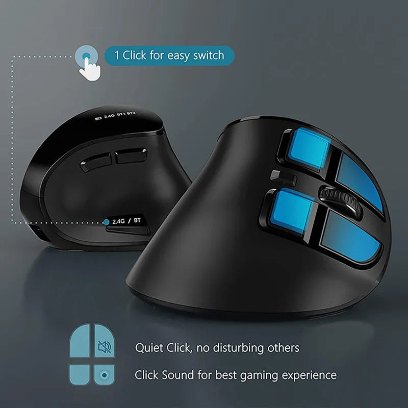 Wireless Bluetooth dual-mode rechargeable optical mouse in black, compact 15x8x5 cm design
