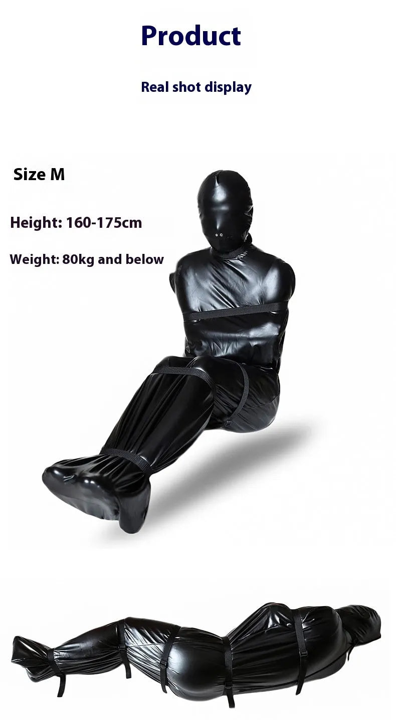 Black patent leather bondage set with harness and six ratchet tie-down straps
