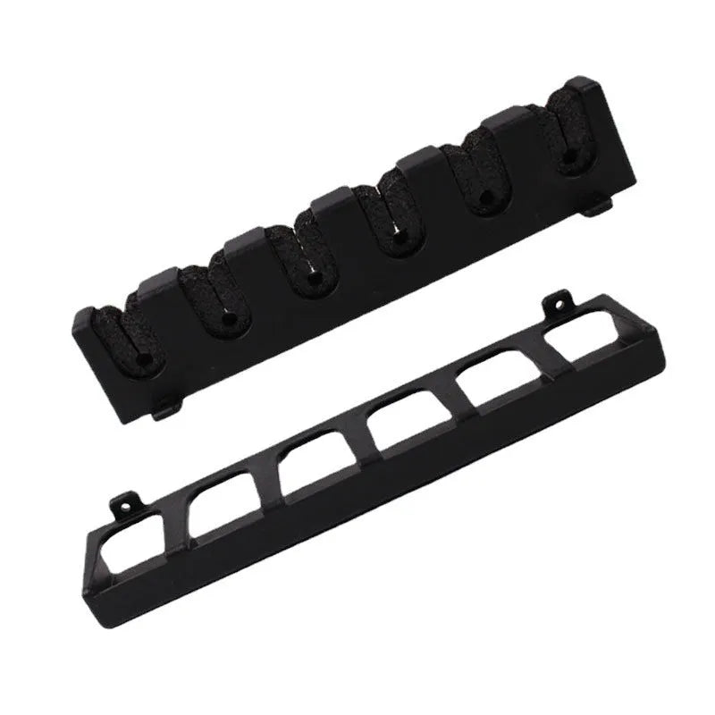 Black ABS plastic wall-mounted fishing rod holder shown in upright and horizontal styles.