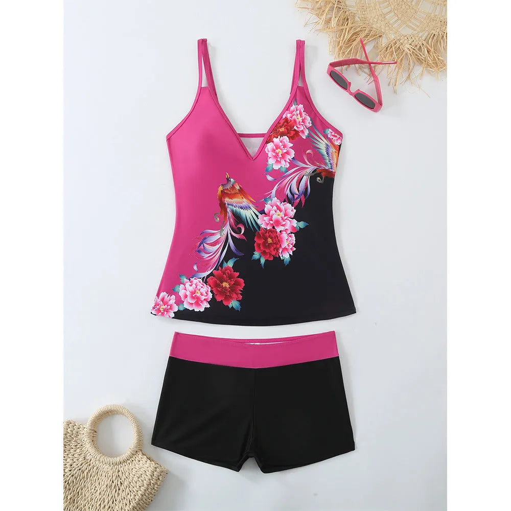 Plus size women's printed two-piece swimsuit in black or rose red with briefs style.