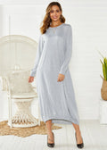 Women's black loose long lantern dress with lace-up crew neck, knitted polyester casual wear.