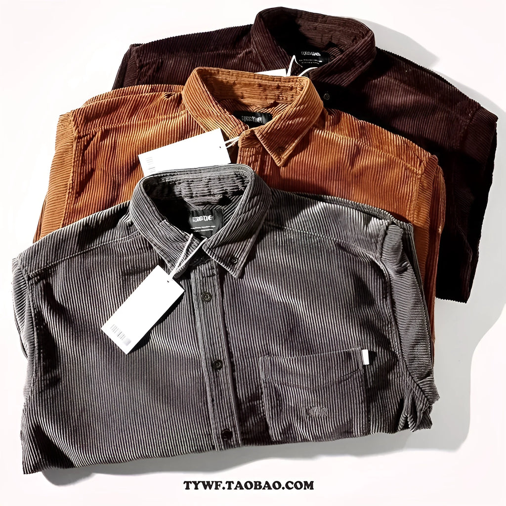 Long sleeve loose fit caramel corduroy Hong Kong style cardigan shirt laid flat