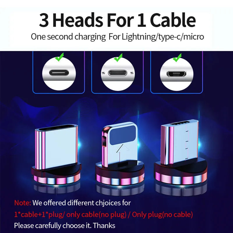 Magnetic USB data cable with interchangeable heads for iPhone Android Type-C devices in three lengths