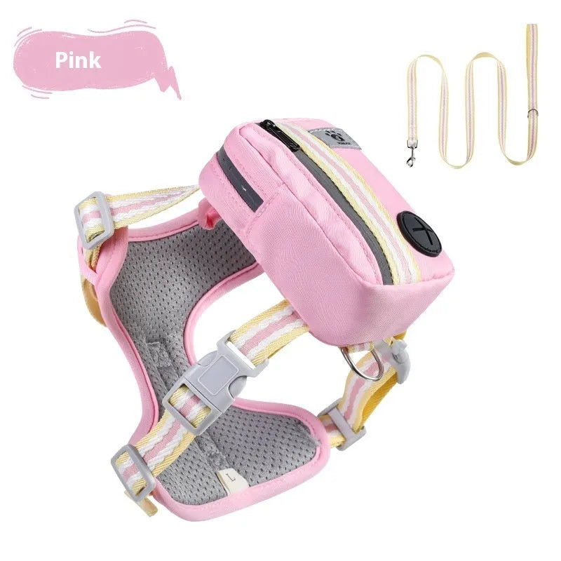 Pink explosion-proof anti-strangulation dog harness with quick-release buckle and attached lead on a dog.