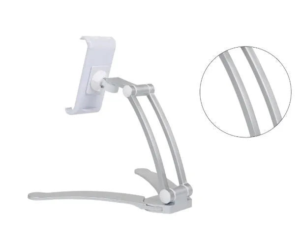 Silver aluminium alloy desktop stand holding a tablet, showing 360-degree rotation and adjustable clamp mechanism.