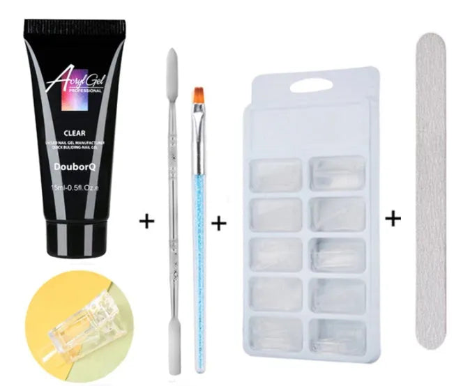 Clear nail polish art kit with resin gel, sponge, brush, and nail sticker for DIY manicure