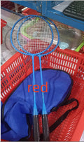 Blue and red split shaft badminton rackets separated and assembled on a neutral background