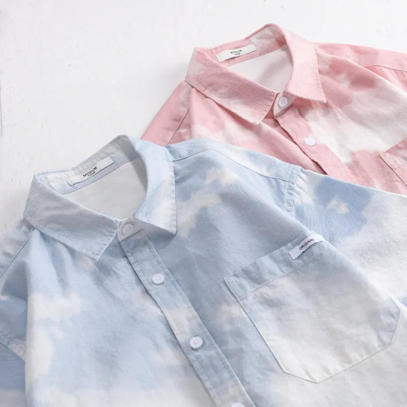 Men's light pink pure cotton short-sleeved shirt with loose cardigan style fit