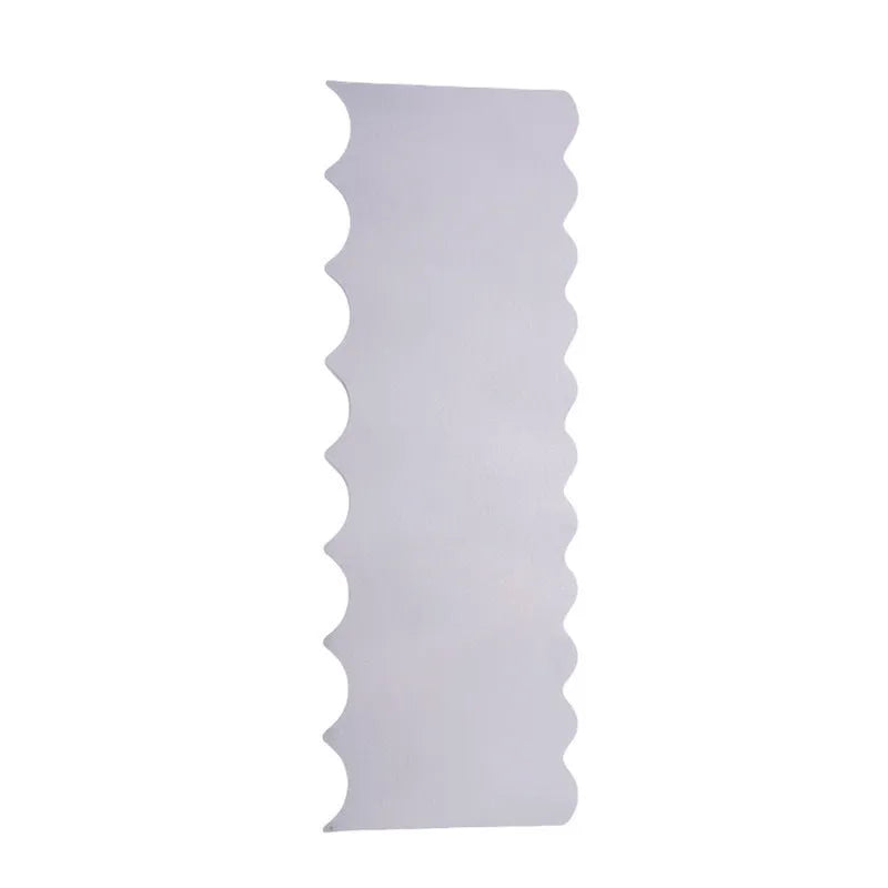 Stainless steel cake decorating scraper with multiple polygon-pattern heads for textured finishes.
