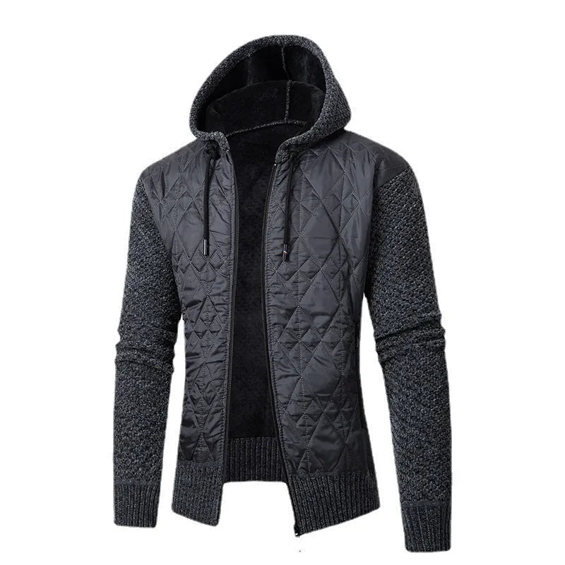 Men's grey hooded corduroy cardigan with cinched style, shown as a winter sweater coat.