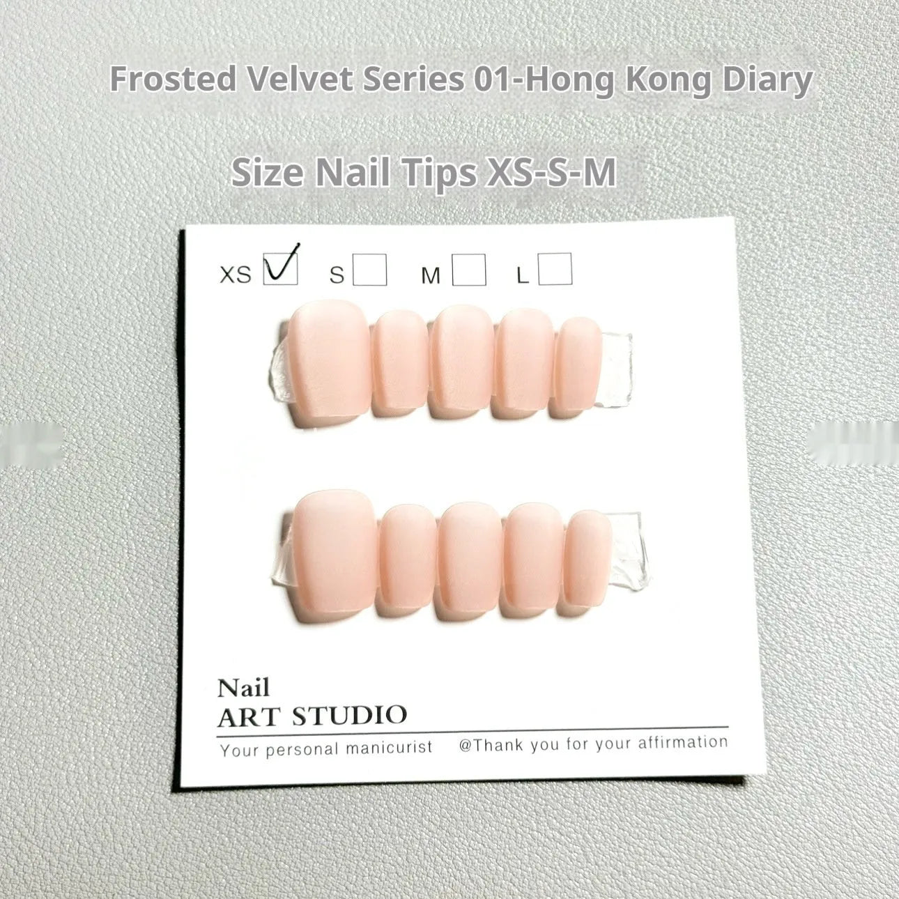 Frosted Velvet Cat's Eye 01 Island Diary Aurora artificial PVC nail set showing short ladder sizes XS, S, M.