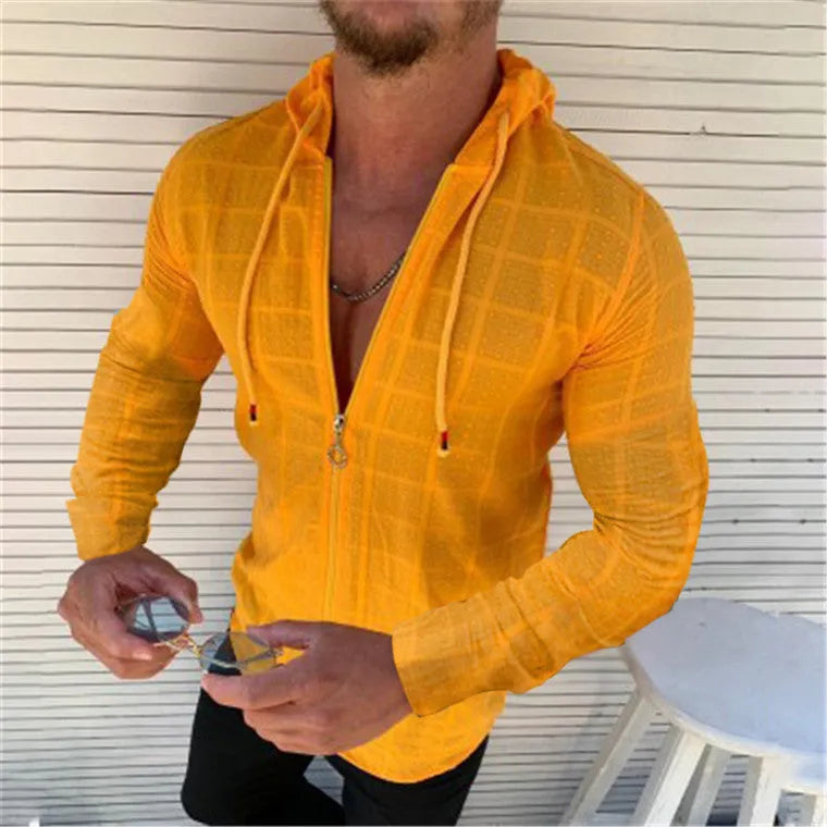 Long sleeve slim hooded T-shirt in check pattern, Black colour option, front view
