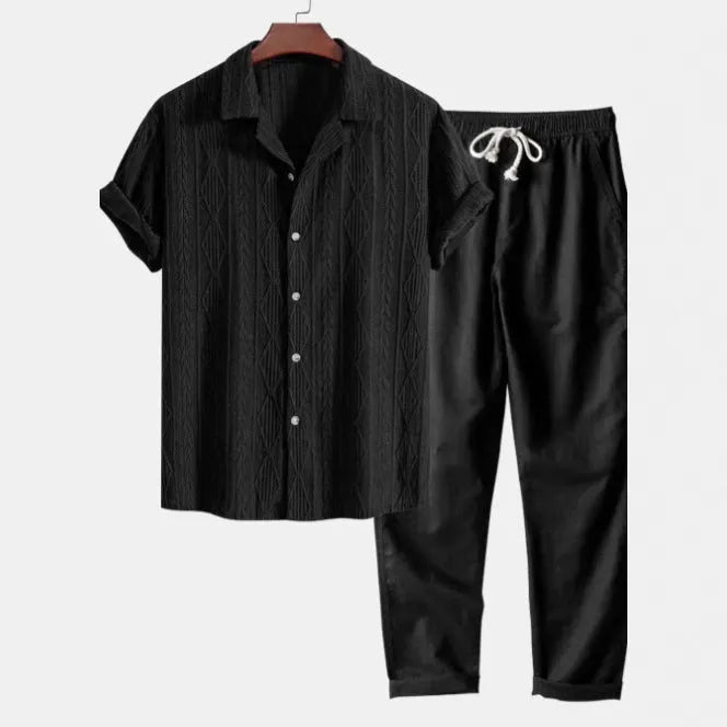 Men's slim fit camouflage print casual suit set with short sleeve shirt and trousers