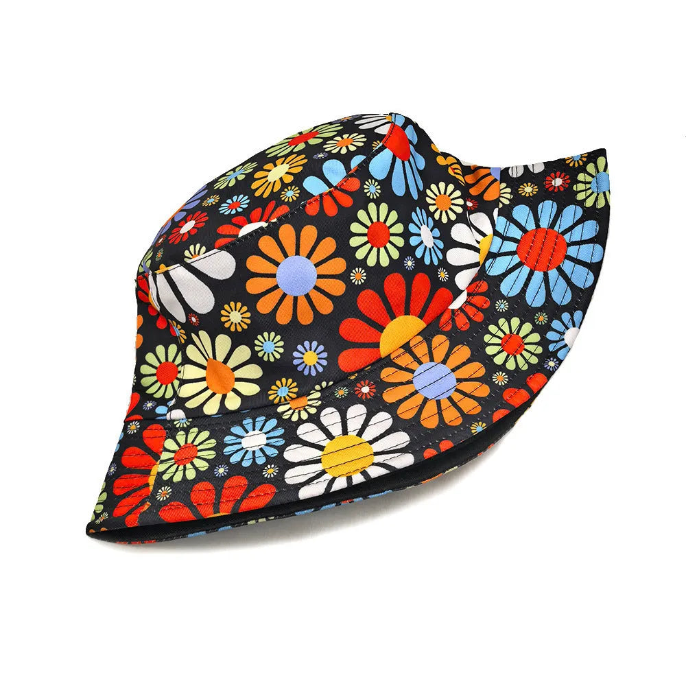 Colourful flower print polyester bucket hat with a dome crown, shown in size M.