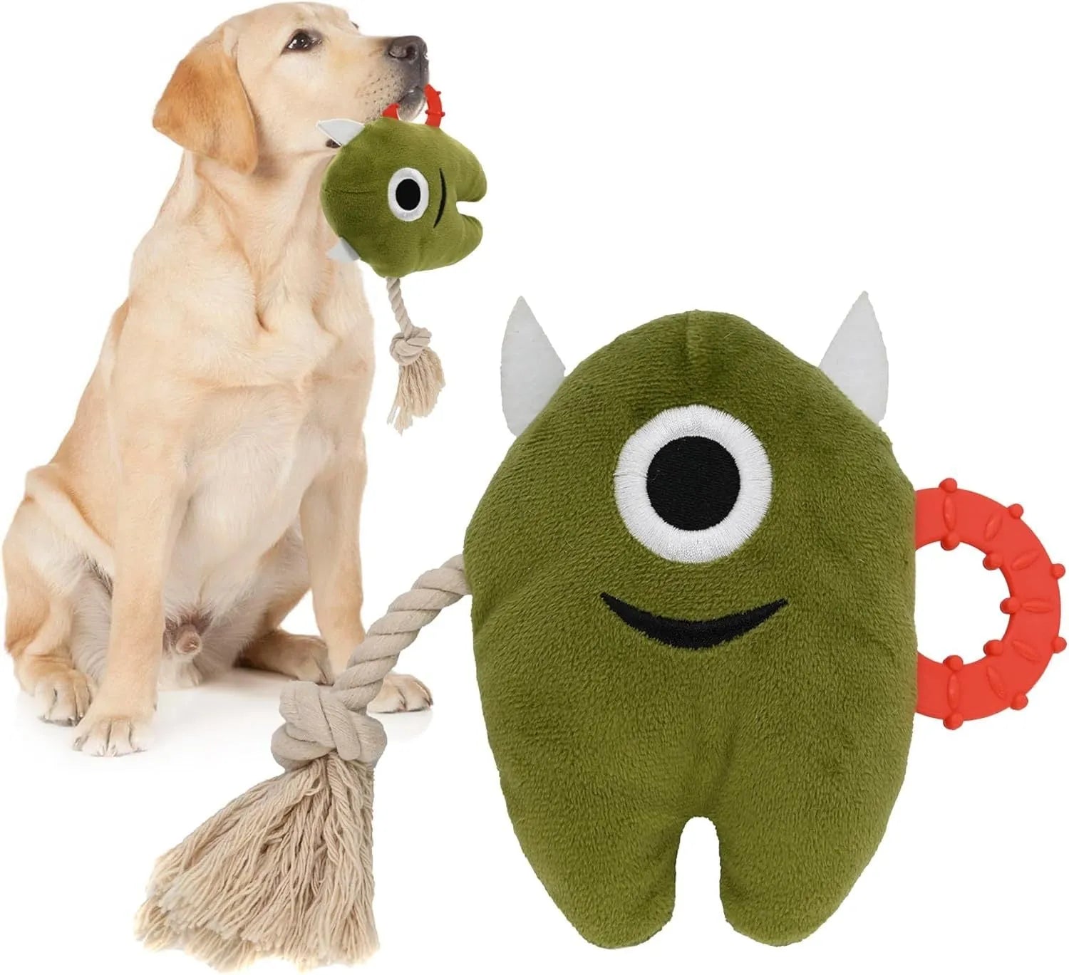 Blue and green plush monster dog toy with integrated cotton rope tug section