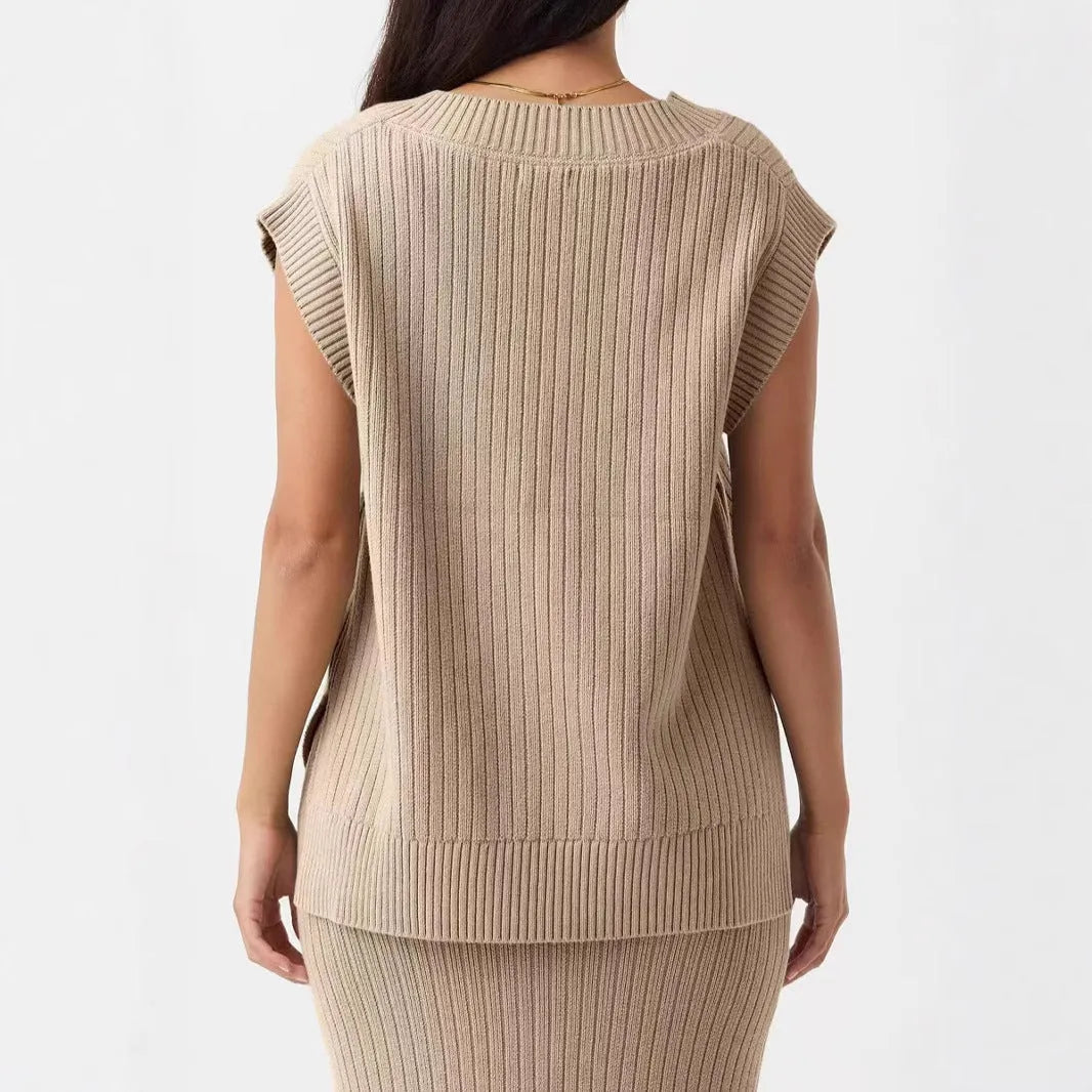 Women's camel coloured V-neck sleeveless vest with loose fit and fold detailing