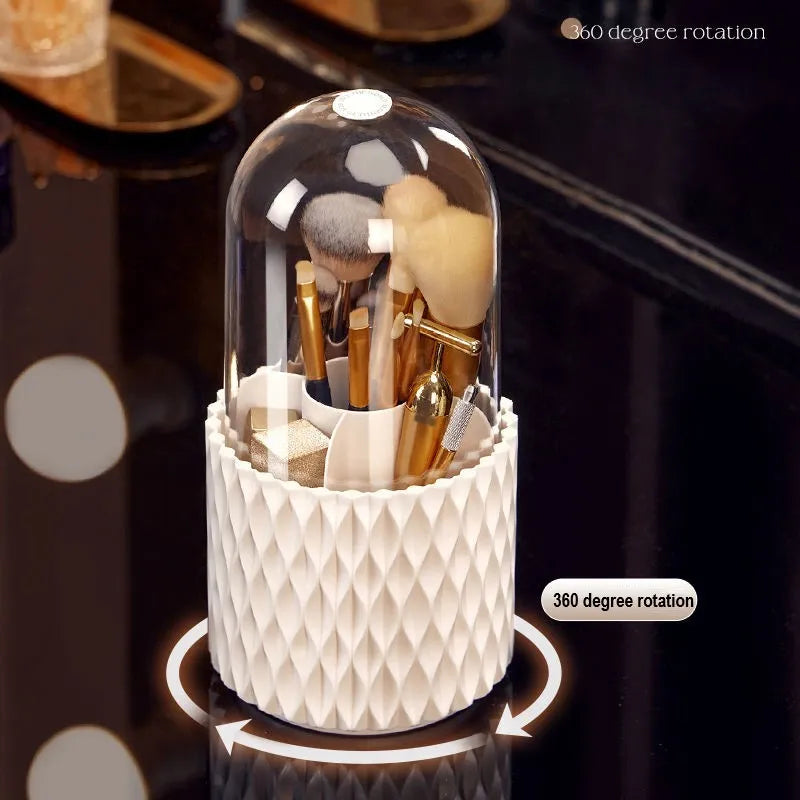 White rotating transparent acrylic makeup brush holder with dust-proof lid on desktop